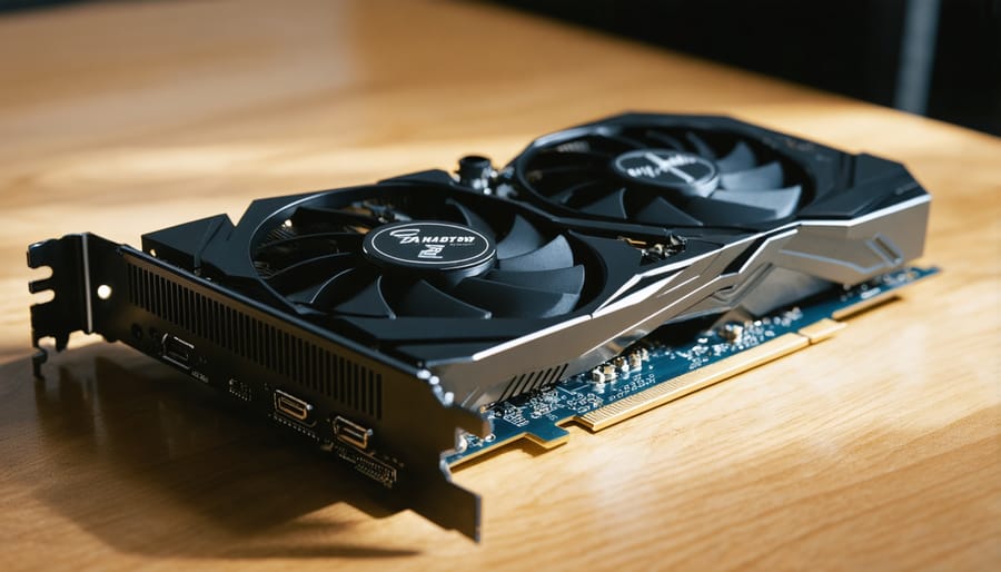 Side-by-side comparison of a high-end gaming GPU and basic display adapter showing size and power connector differences