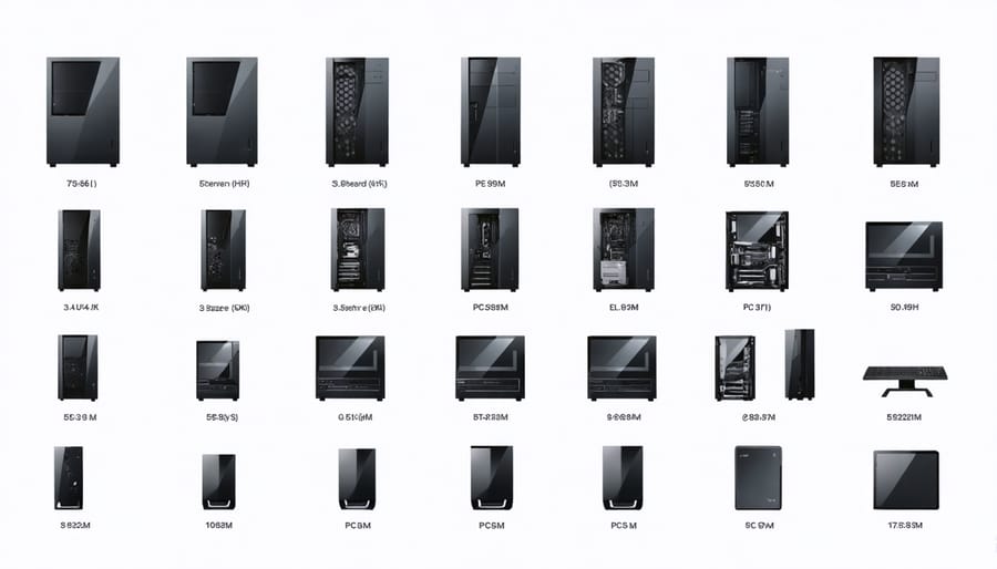Visual size comparison of ATX, micro-ATX, and mini-ITX cases with component clearance measurements