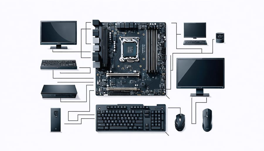 Diagram showing all major PC components and their connections including CPU, motherboard, RAM, and storage drives