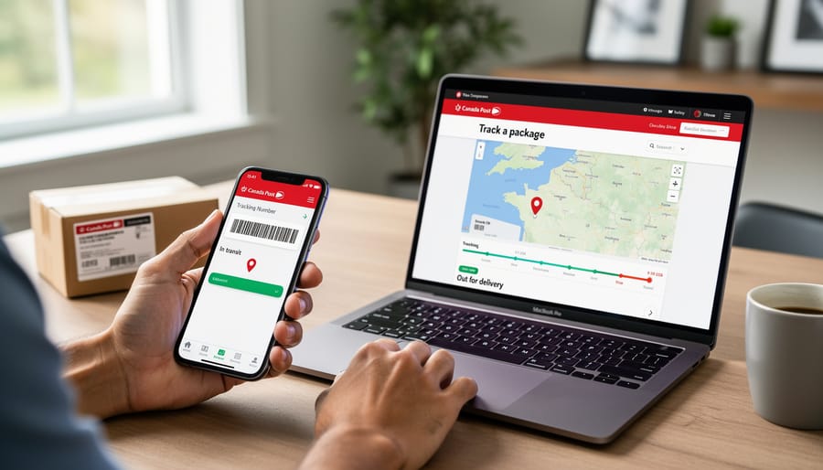 Customer using smartphone to track Canada Post package at postal counter