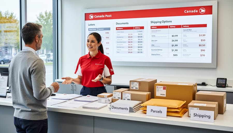 Assortment of Canada Post packages and envelopes showing different shipping service options