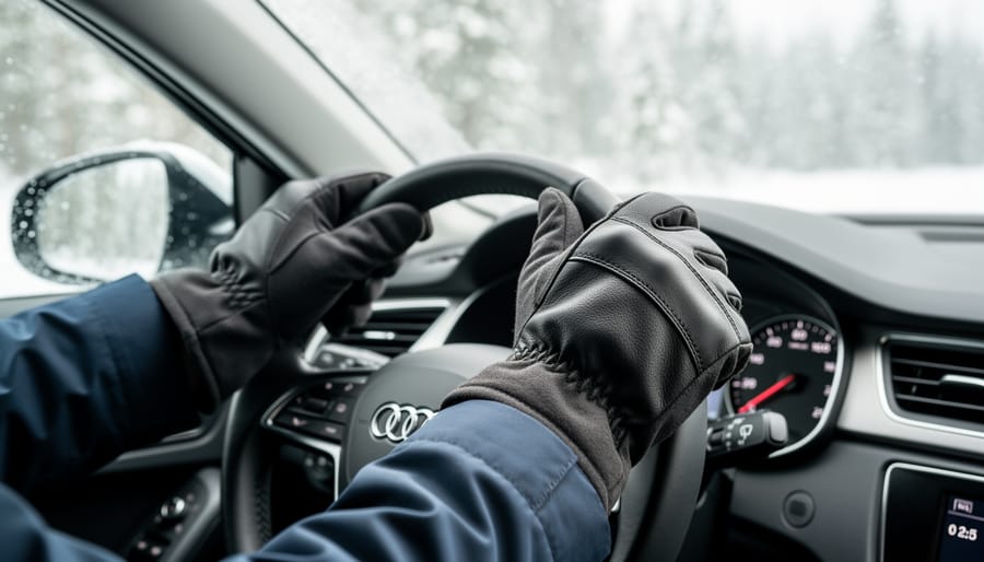 Driver’s hands wearing winter driving gloves gripping a steering wheel with frosty car windows in the background.