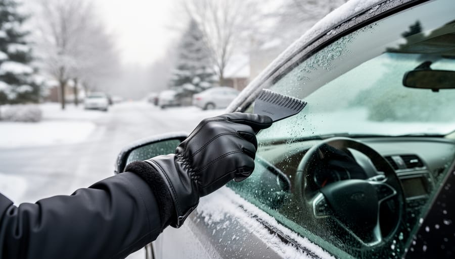 Person wearing winter driving gloves clears snow and ice from a car windshield in snowy weather.