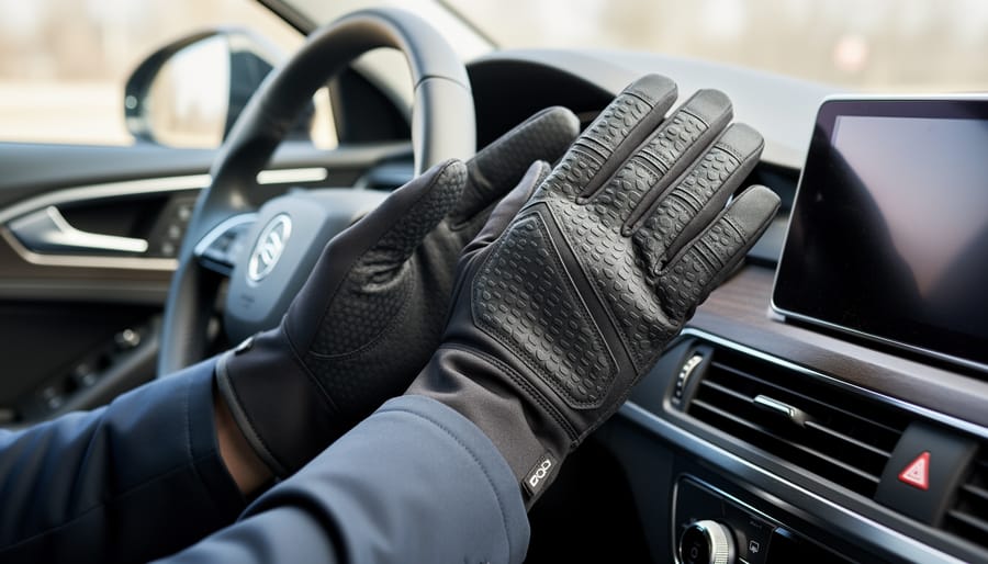 Winter driving gloves laid on a car center console near the steering wheel and keys.