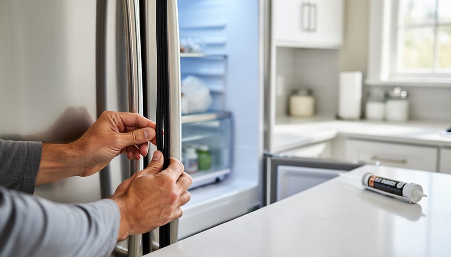 Close-up of a refrigerator door gasket being checked with a thin card.