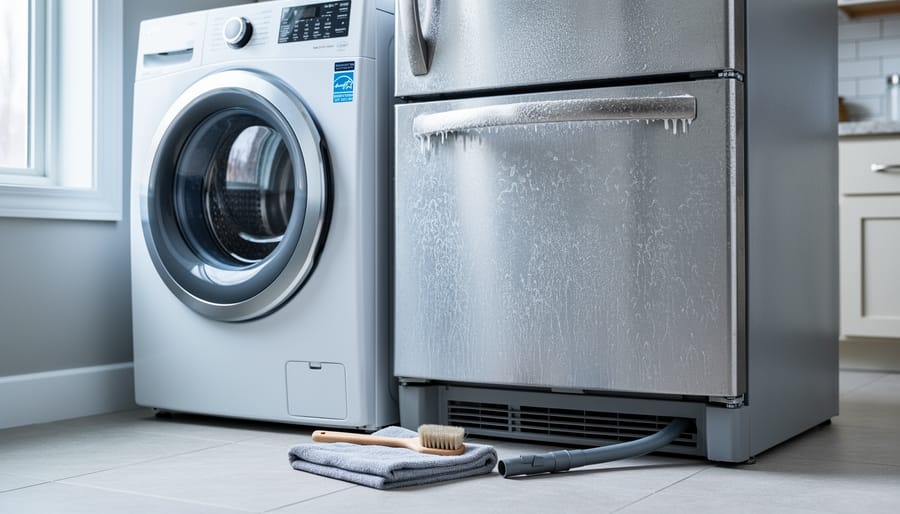 Energy-efficient front-load washer and refrigerator in a Canadian home laundry area with cleaning tools like a microfiber cloth and brush for monthly maintenance.