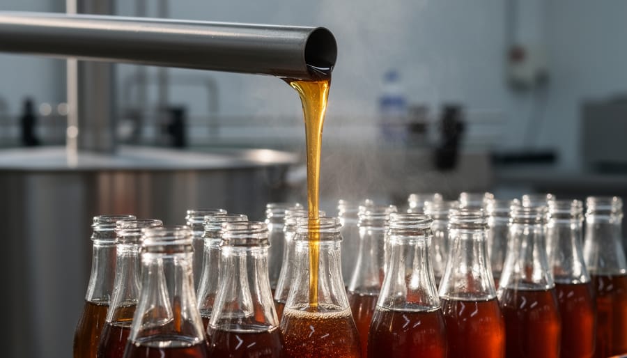 Gloved hands pouring hot amber maple syrup into a glass bottle during bottling.