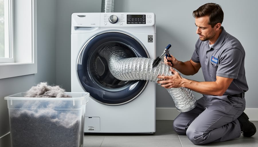 Gloved hands pulling lint from a dryer vent duct with a cleaning brush.
