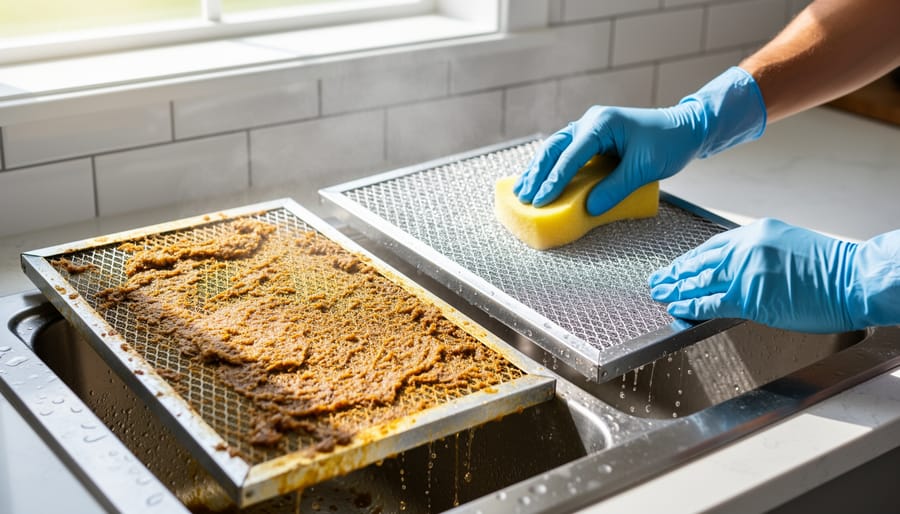 Grease-covered range hood filter being held for cleaning in a kitchen sink area.