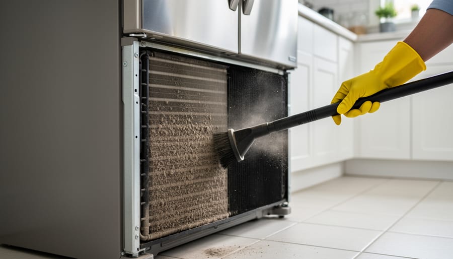 Hands cleaning a refrigerator’s condenser coils with a brush and vacuum.
