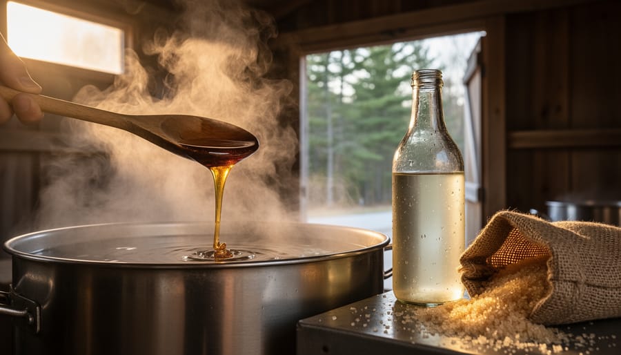 Close-up of thick amber maple syrup steaming on a spoon in a traditional sugarhouse, with fresh sap and sugar nearby.