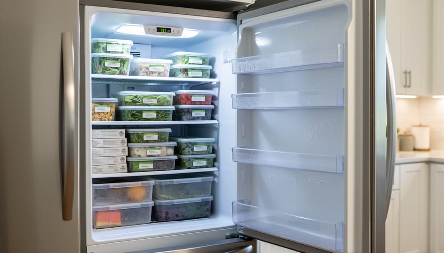 Organized freezer interior with neatly placed frozen items and clear airflow space.