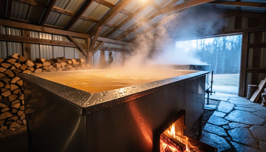 Outdoor maple syrup evaporator pan steaming with sap, with nearby thermometer and rustic sugar shack in the background.