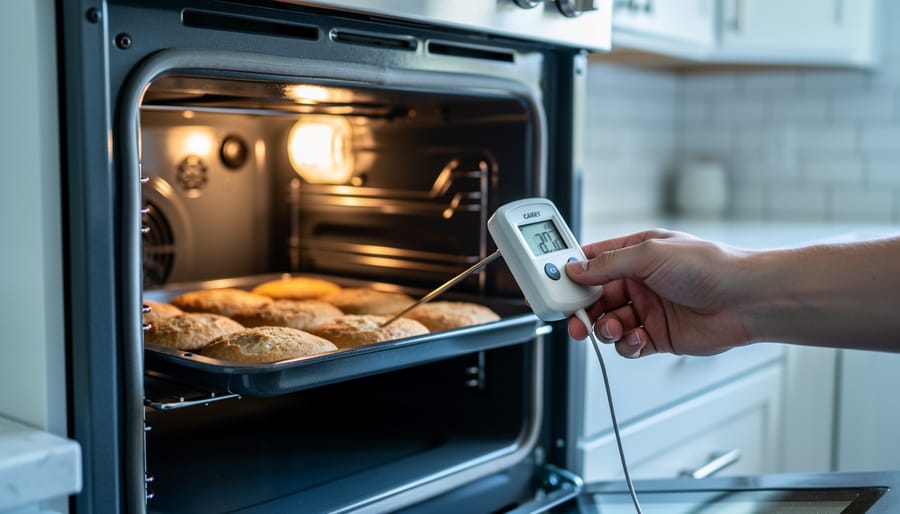Oven thermometer placed inside a home oven for temperature calibration.