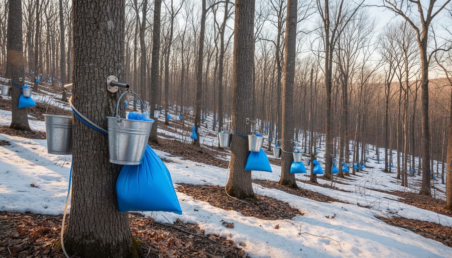 Sugar maple trees in early spring with collection buckets and tapping lines in a forest setting.