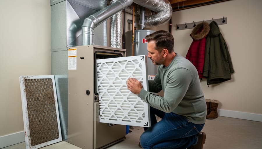 Technician holding a pleated HVAC filter near a furnace/duct opening.