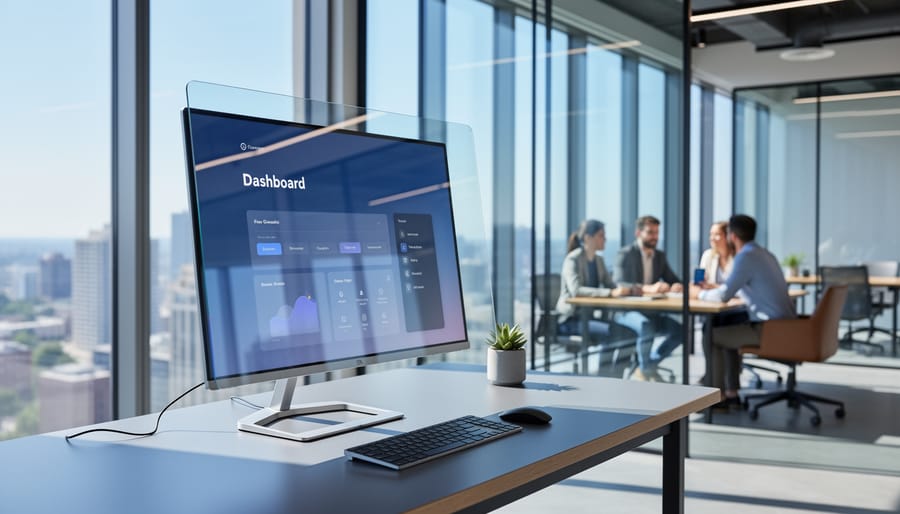 Open-concept office workstation with computer monitor and floor-to-ceiling windows showing reduced glare from window film.