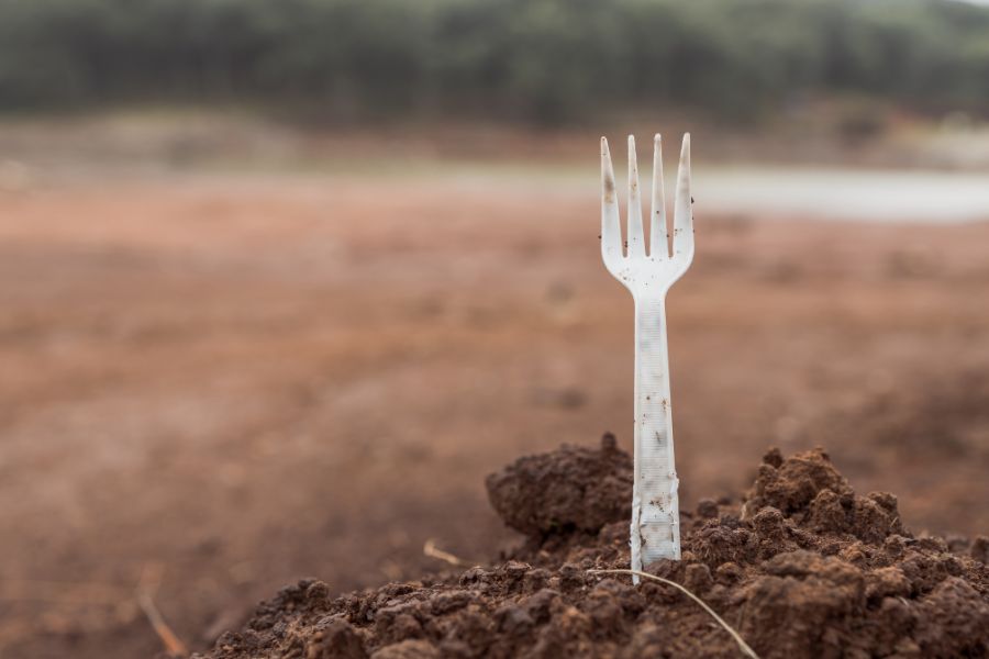Disposed plastic fork in the ground