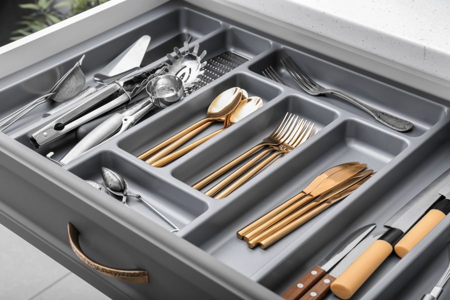 Kitchen utensils arranged in drawer