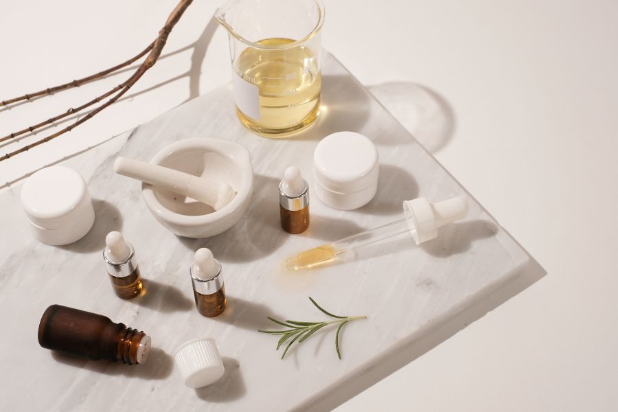 Skincare products on marble board
