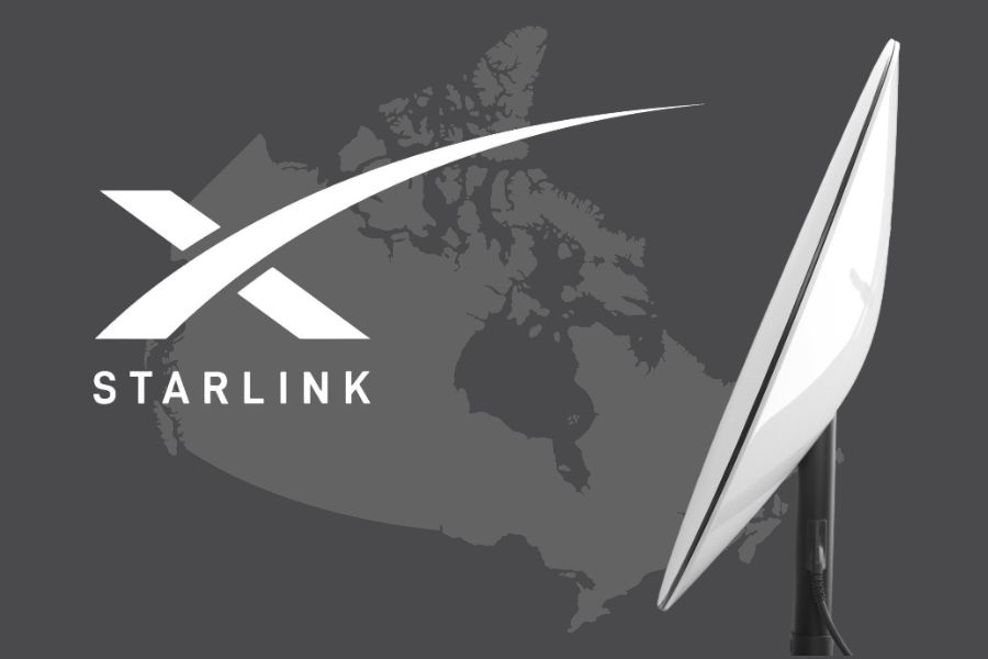 Starlink logo and antenna on Canada's map background