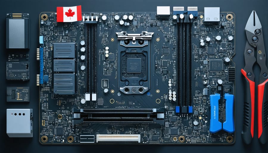 Conceptual illustration of a PC build process with key components like CPU, GPU, RAM, and motherboard, connected with circuit lines and featuring a Canadian flag and maple leaf.