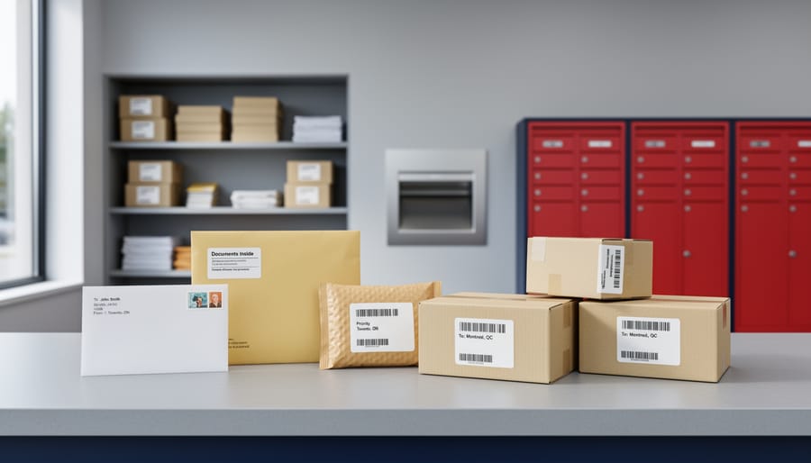 Assorted Canada Post mail items—letter, document envelope, padded mailer, and small parcels with barcodes—arranged on a post office counter with blurred red mailboxes and shelving in the background.