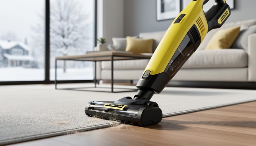 Ground-level close-up of a yellow-and-black cordless stick vacuum lifting pet hair while transitioning from hardwood to a low-pile rug in a bright Canadian living room, with soft daylight and a snow-dusted tree visible through the window.