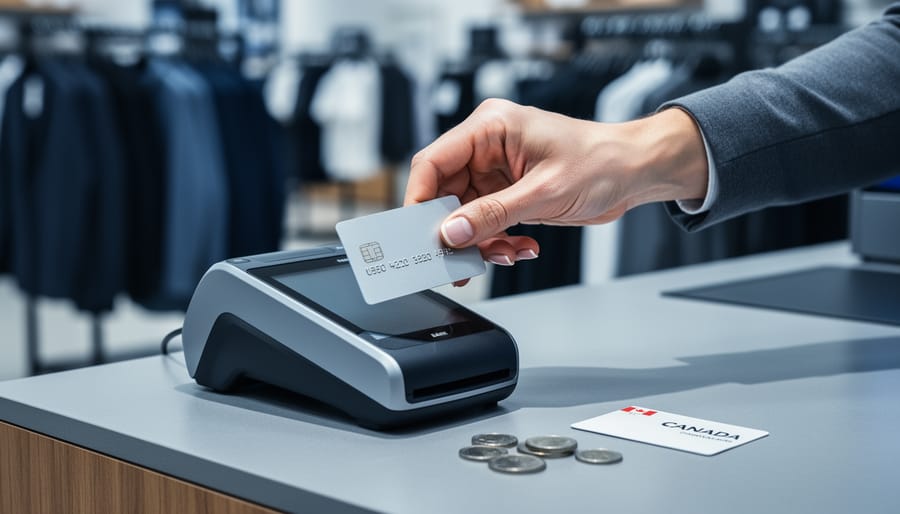 Close-up at a Canadian retail checkout showing a hand tapping a plain credit card on a payment terminal while an unbranded store card rests unused on the counter, with blurred clothing racks and soft retail lighting in the background.