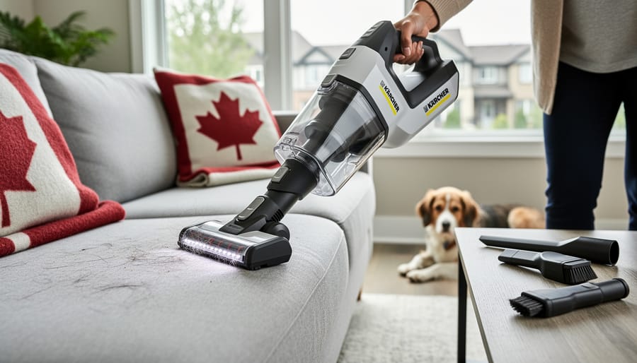 Kärcher cordless vacuum attachment removing pet hair from furniture upholstery