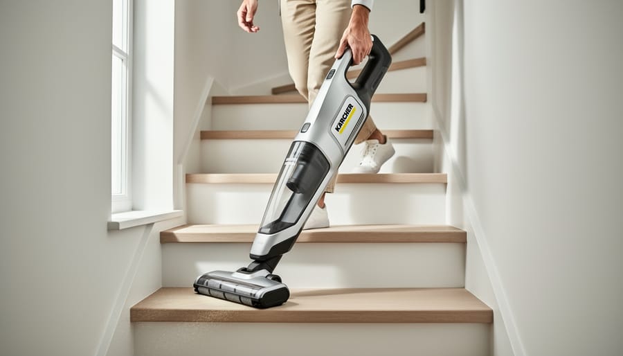 Person using Kärcher cordless vacuum to clean carpeted staircase