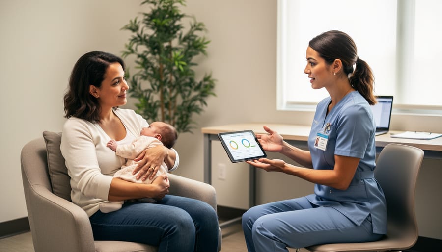 Parent holding an infant while a nutrition professional reviews care notes in a clinic room.