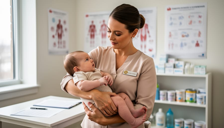 Infant nutritionist holding a baby during a feeding support consultation in a bright clinic room.