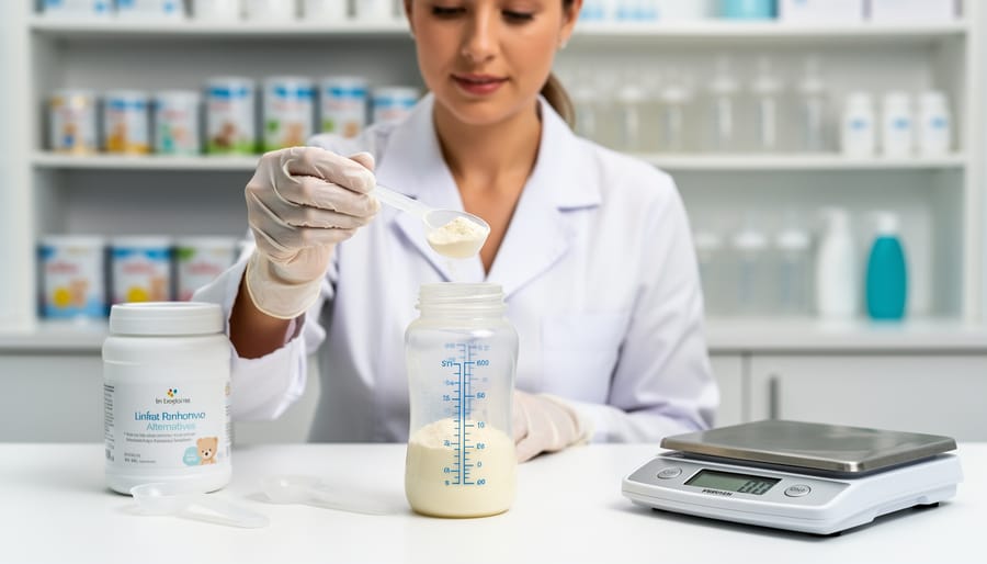 Close-up of hands measuring and mixing infant formula in a bottle on a clean countertop.