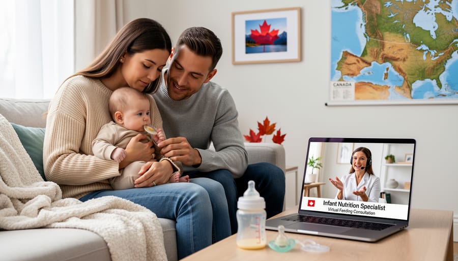 Family sitting together at home and using a laptop for a virtual infant nutrition consultation.