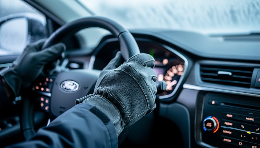 Close-up of winter driving gloves gripping a car steering wheel with soft frost visible on the windshield in the background.