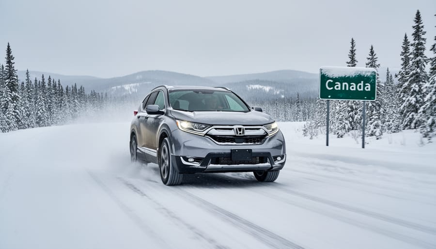 A modern all-wheel-drive crossover driving through fresh snow on a Canadian highway with visible tire tracks.
