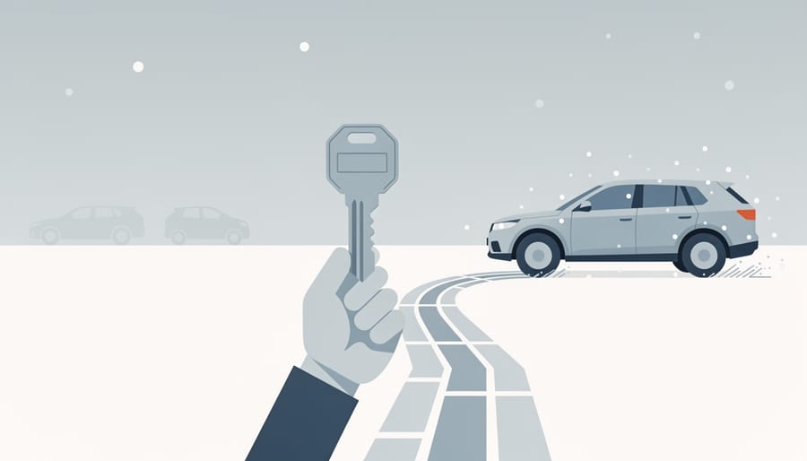 A person’s gloved hand holding a car key fob with a winter road scene blurred in the background through the windshield.