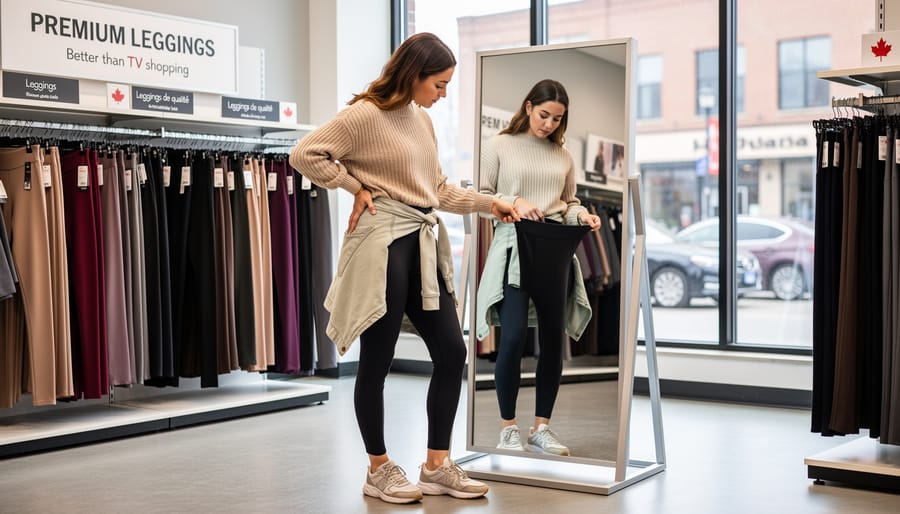 A person trying on black leggings in a fitting room mirror in a retail store