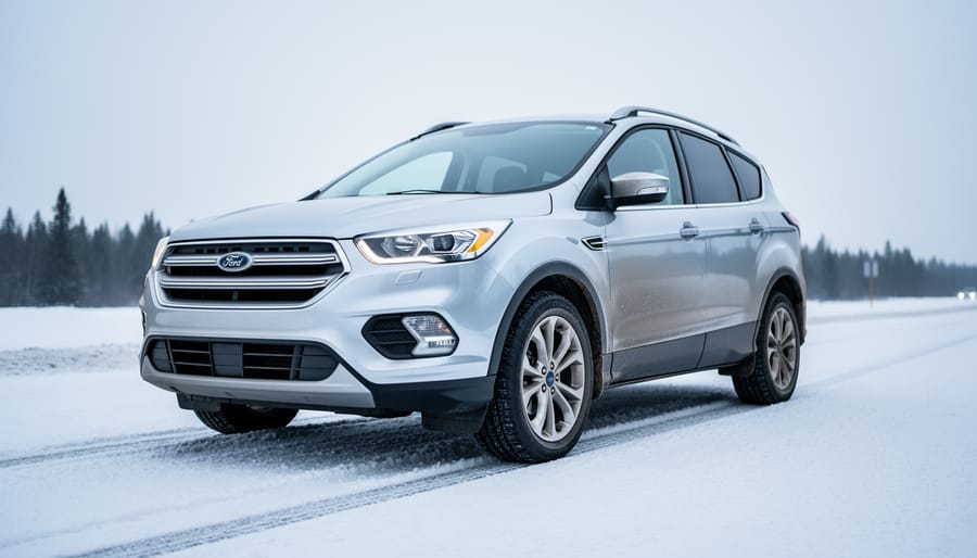 Modern all-wheel-drive crossover on a snow-dusted Canadian road with clear tire tracks and winter trees in the background.