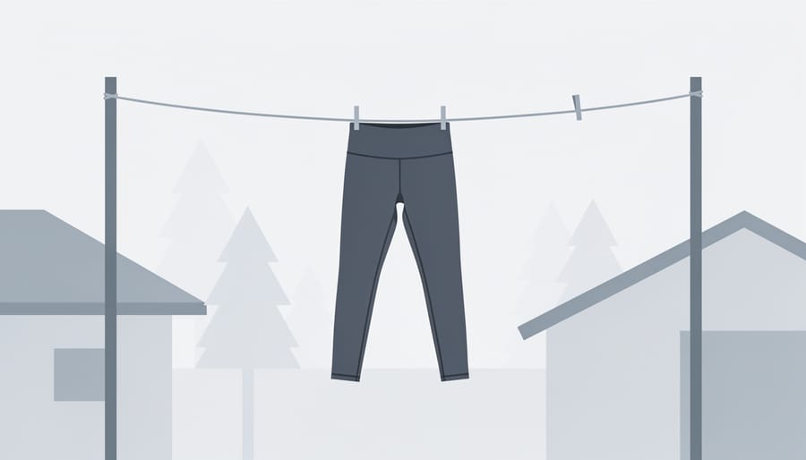 Black leggings hanging on an outdoor clothesline in a Canadian yard
