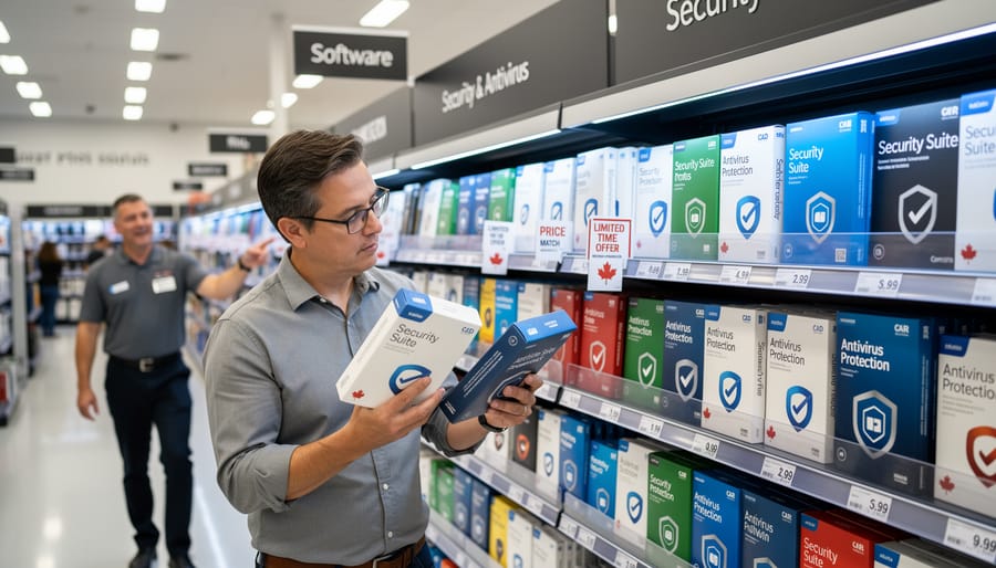 Canadian shopper holding a security software box near a store checkout counter, with background shelves blurred.