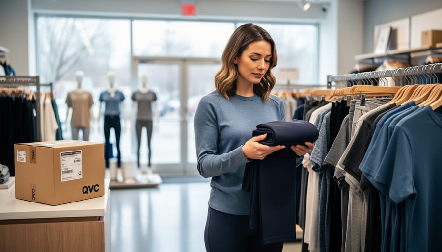 A Canadian shopper holds folded leggings while standing in a clothing store, with a blurred parcel box and clothing racks in the background to suggest alternatives to QVC.