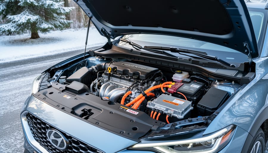 Close-up of components inside an AWD hybrid engine bay with modern drivetrain details.