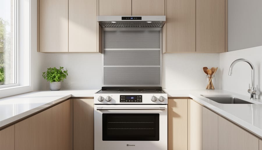 Electric range with visible oven air filtration-focused design in a modern kitchen