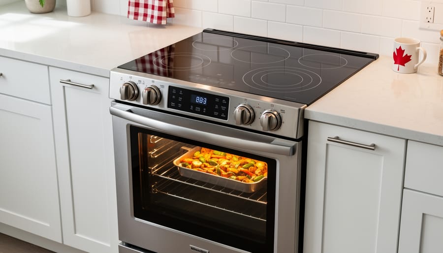 GE slide-in electric range with glass-ceramic cooktop and open convection oven door