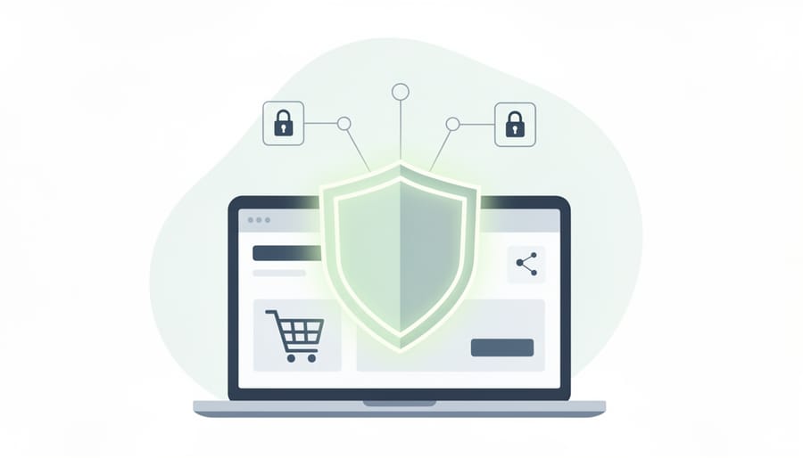 Hands holding a credit card with a glowing digital shield effect representing online cybersecurity protection.