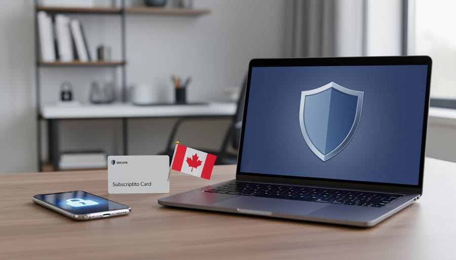 Laptop and smartphone on a Canadian home office desk showing generic security shield and lock visuals, representing buying antivirus protection safely and confidently.
