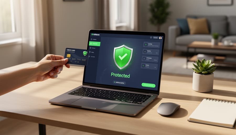 Laptop and smartphone on a Canadian home office desk with a generic lock symbol indicating digital security.