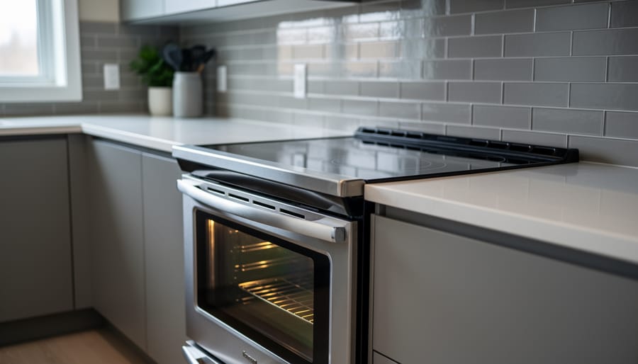 Stainless steel modern electric range in a bright Canadian kitchen with a smooth glass cooktop and softly lit oven interior.